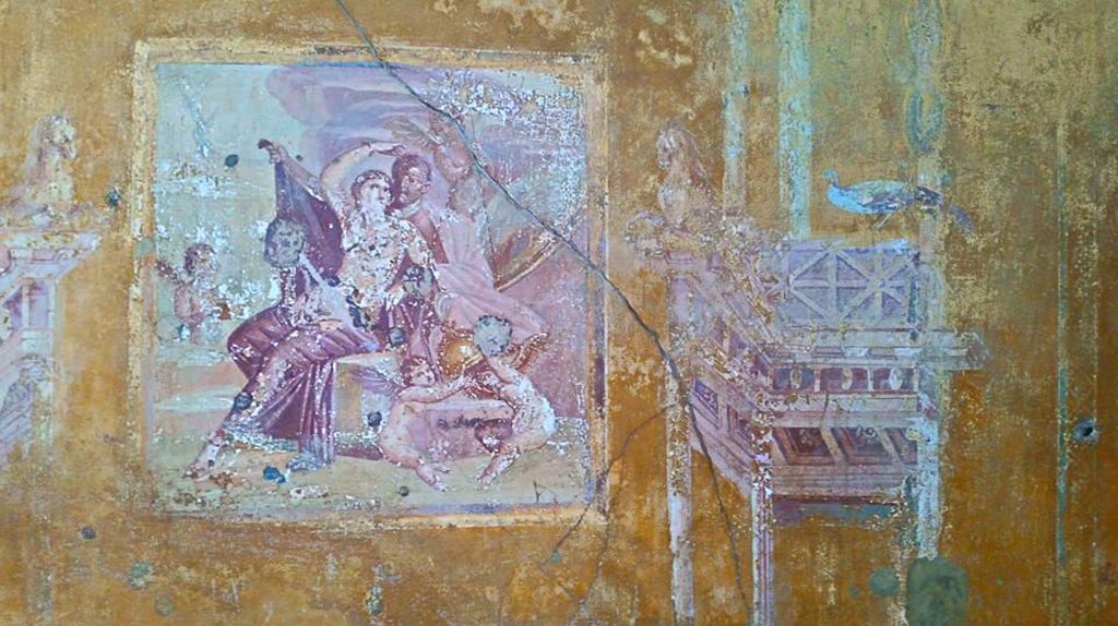 VI.16.15 Pompeii. December 2006. North wall of room G with detail of architectural wall painting with sea creature.
