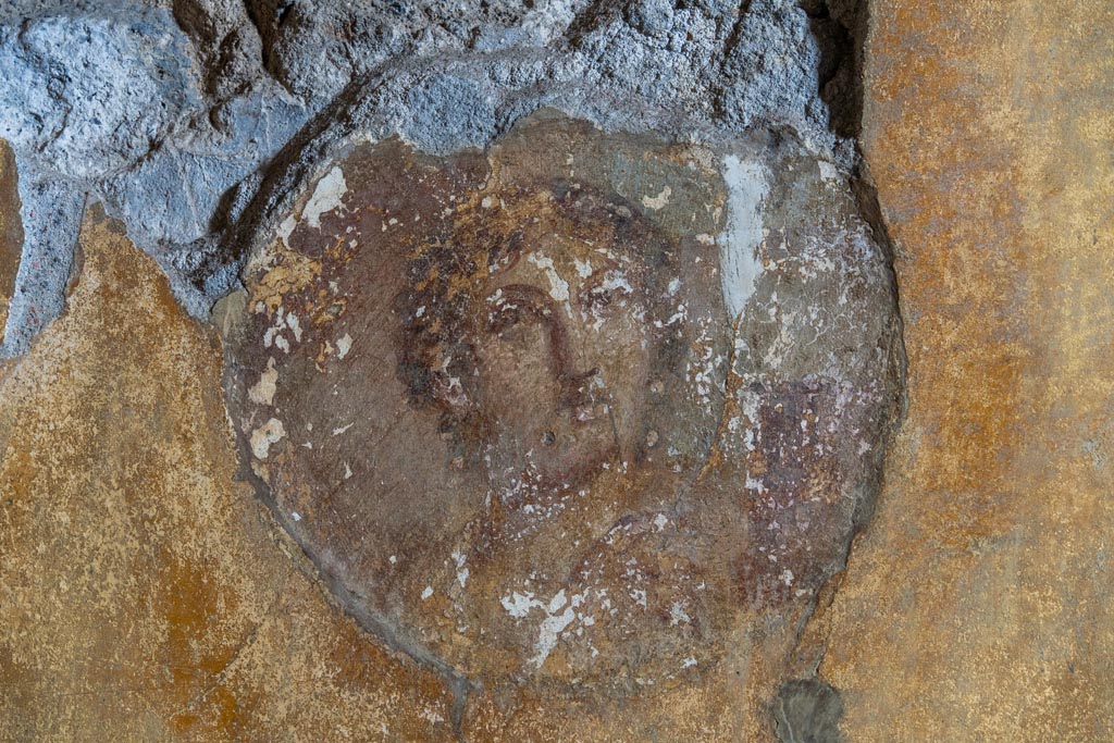 VI.16.15 Pompeii. January 2024. Room G, detail of medallion from north end of east wall. Photo courtesy of Johannes Eber.