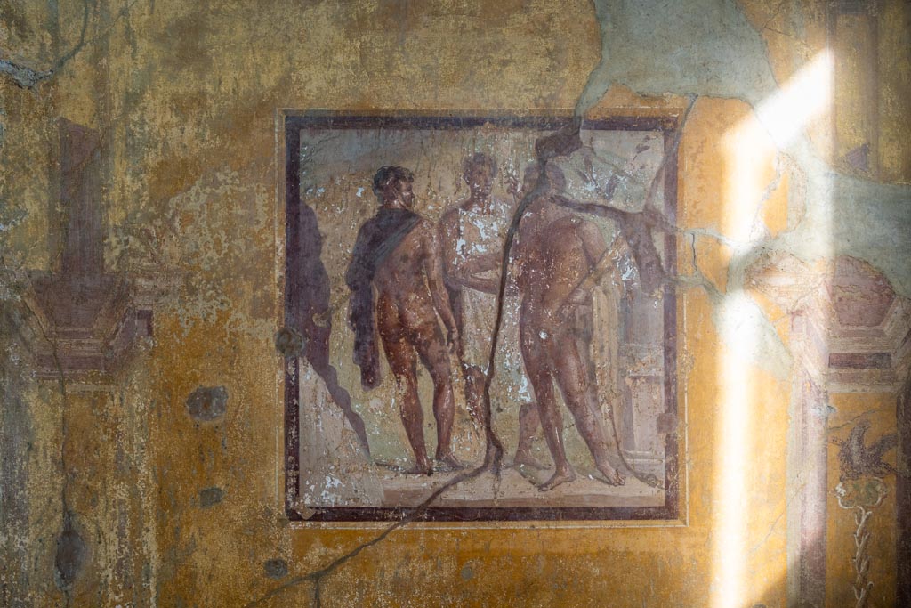 VI.16.15 Pompeii. January 2024. East wall of room G with central wall painting from a myth of Hercules. Photo courtesy of Johannes Eber.