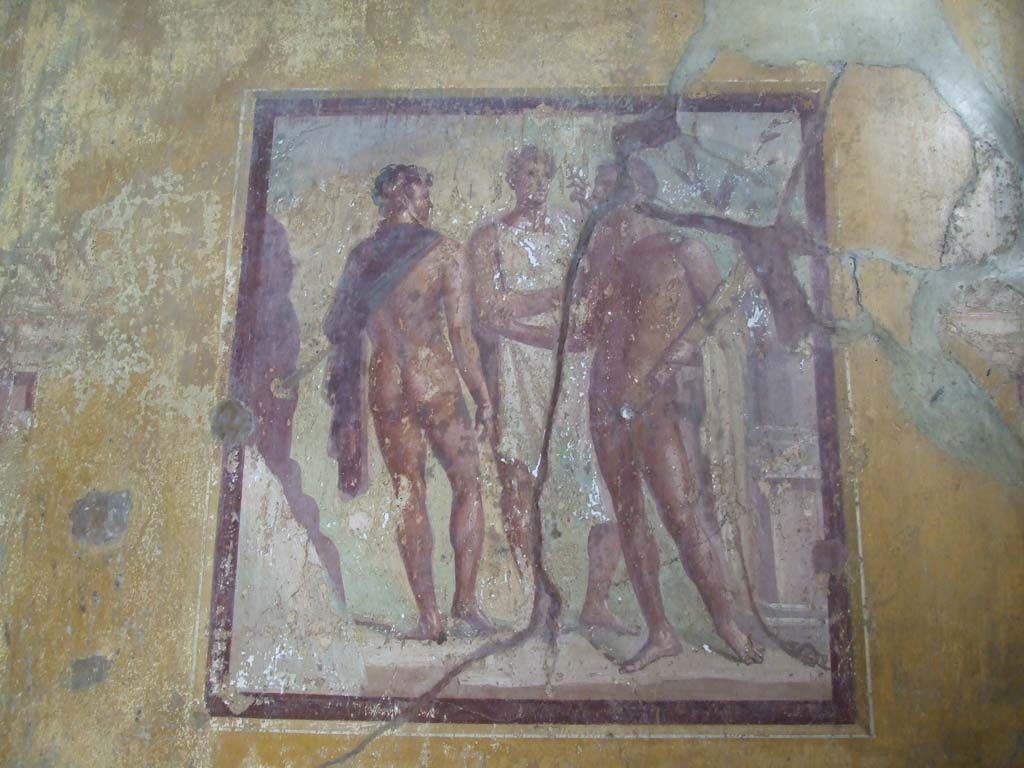 VI.16.15 Pompeii. December 2006. East wall of room G with central wall painting from a myth of Hercules.