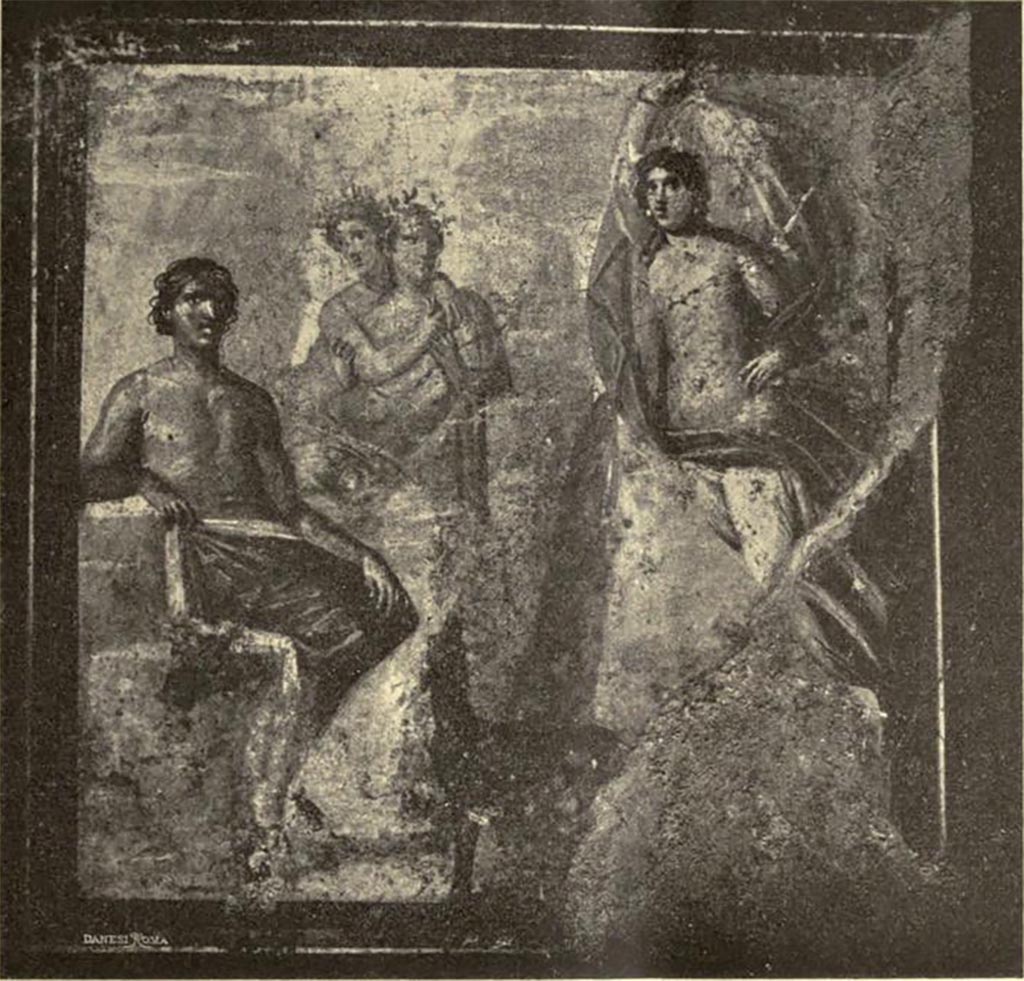 VI.16.15 Pompeii. December 2006. South wall of room G with detail of wall painting of Selene and Endymion.