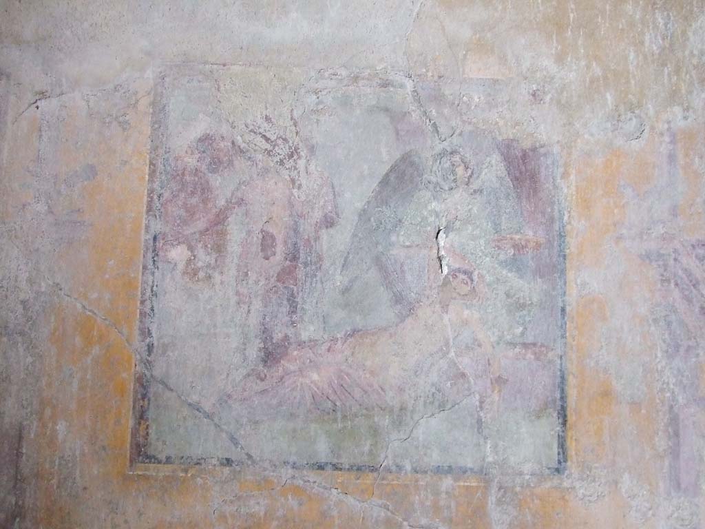 VI.16.15 Pompeii. December 2006.  
West wall of room G with central wall painting of the arrival of Dionysus on Naxos where Ariadne is sleeping.

