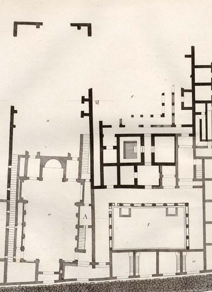 VI.17.26, on lower left, 25 entrance doorway, 24 with step to peristyle at 23.
Next to the entrance to the peristyle are numbers 22 shop, 21 shop, 20 shop, and 19 shop, on lower right Pompeii. c.1805.
Detail from plan, drawn by Piranesi, entitled 
General plan of the continuation of the road, and the buildings adjacent (opposite) to the House of the Surgeon. 
(Note: this house is usually described as being opposite the House of Acteon).
See Piranesi, F, 1804. Antiquits de la Grande Grce : Tome II. Paris : Piranesi and Le Blanc, (Vol. II, Pl. XLIV).
