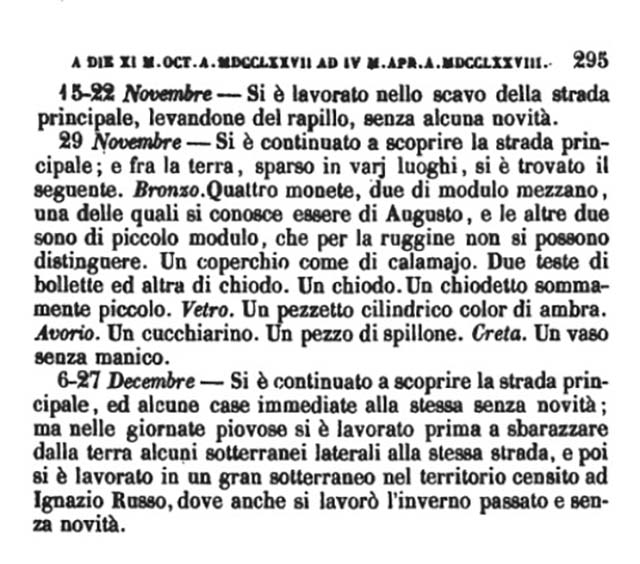 Copy of Pompeianarum Antiquitatum Historia 1, I, Page 295, November to December 1777. 
