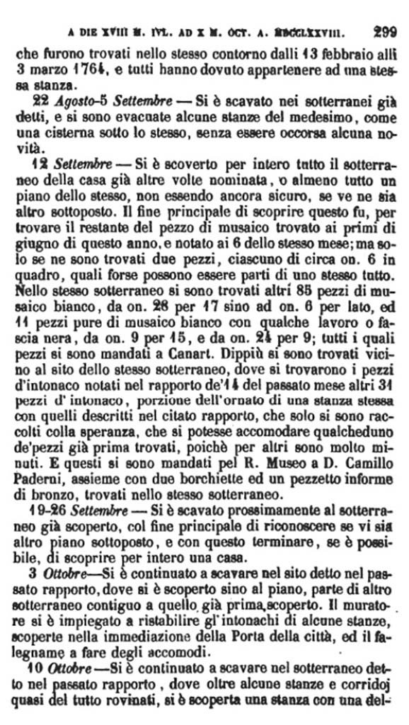 Copy of Pompeianarum Antiquitatum Historia 1, I, Page 299, August to October 1778. 