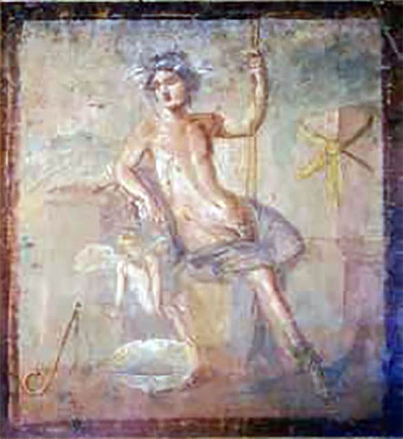 VI.17.36 or VI.17.25, Pompeii. From an album by Roberto Rive, dated 1868. 
Central part of the long wall of a room with central painting of Phrixus and Helle. Photo courtesy of Rick Bauer.
