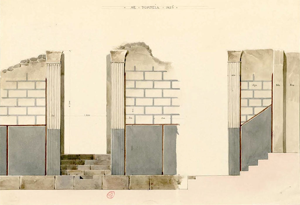 VI.17.32 Pompeii. 1826. Watercolour sketch by P.A. Poirot, of entrance doorway and painted stucco of facade. 
According to PAH, the external façade of this house was clad with white stucco, with squarings imitating large stones, and between them were seen distinct lines coloured blue.
See Poirot, P. A., 1826. Carnets de dessins de Pierre-Achille Poirot. Tome 2 : Pompeia, pl. 74.
See Book on INHA  Document placé sous « Licence Ouverte / Open Licence » Etalab 

