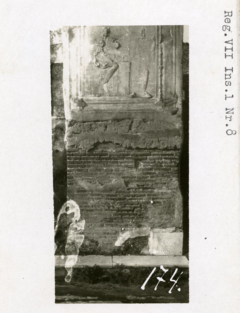 VII.1.8 Pompeii. Pre-1937-39. Detail of pilaster on north side of nymphaeum G entrance.
Photo courtesy of American Academy in Rome, Photographic Archive. Warsher collection no. 174.

