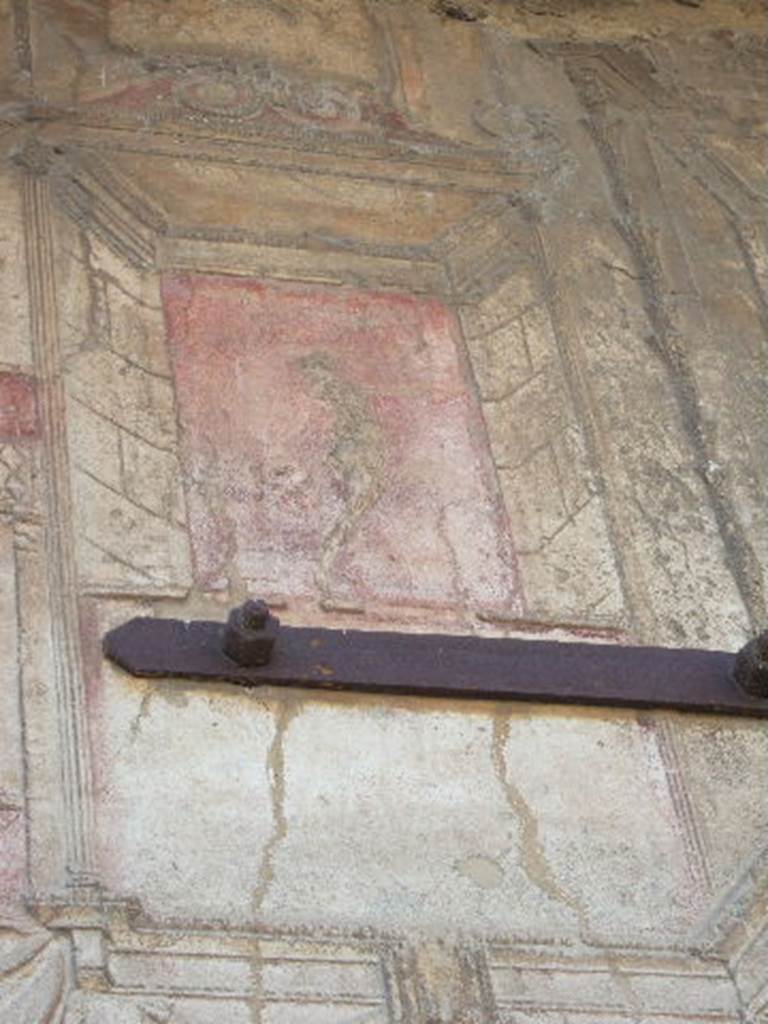 VII.1.8. Pompeii . September 2005.  Detail of stucco plaster on wall in south west corner of gymnasium C.  
