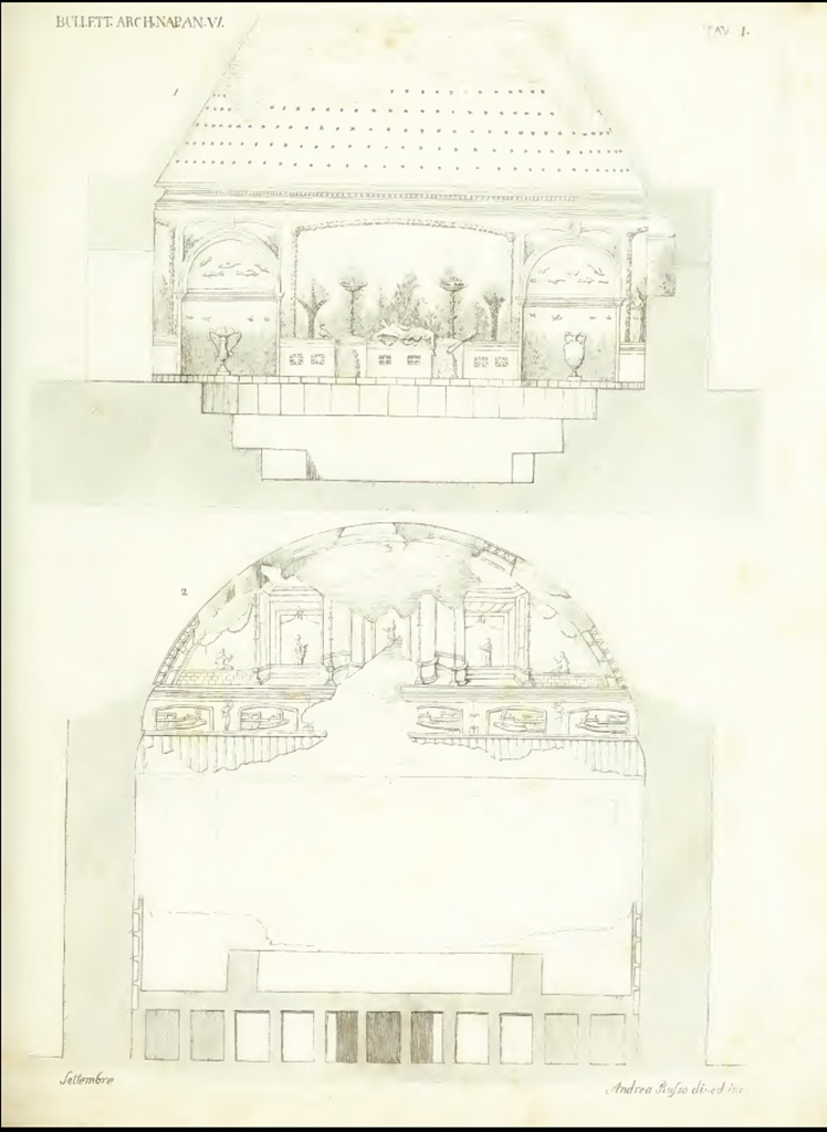 VII.1.8 Pompeii. 1857 Drawing by Andrea Russo, showing (top) painted garden scene between recesses on east side of frigidarium. 
The bottom drawing shows the tepidarium.
See Bullettino Archeologico Napolitano 125, 1857, p. 1, Tav. 1.
