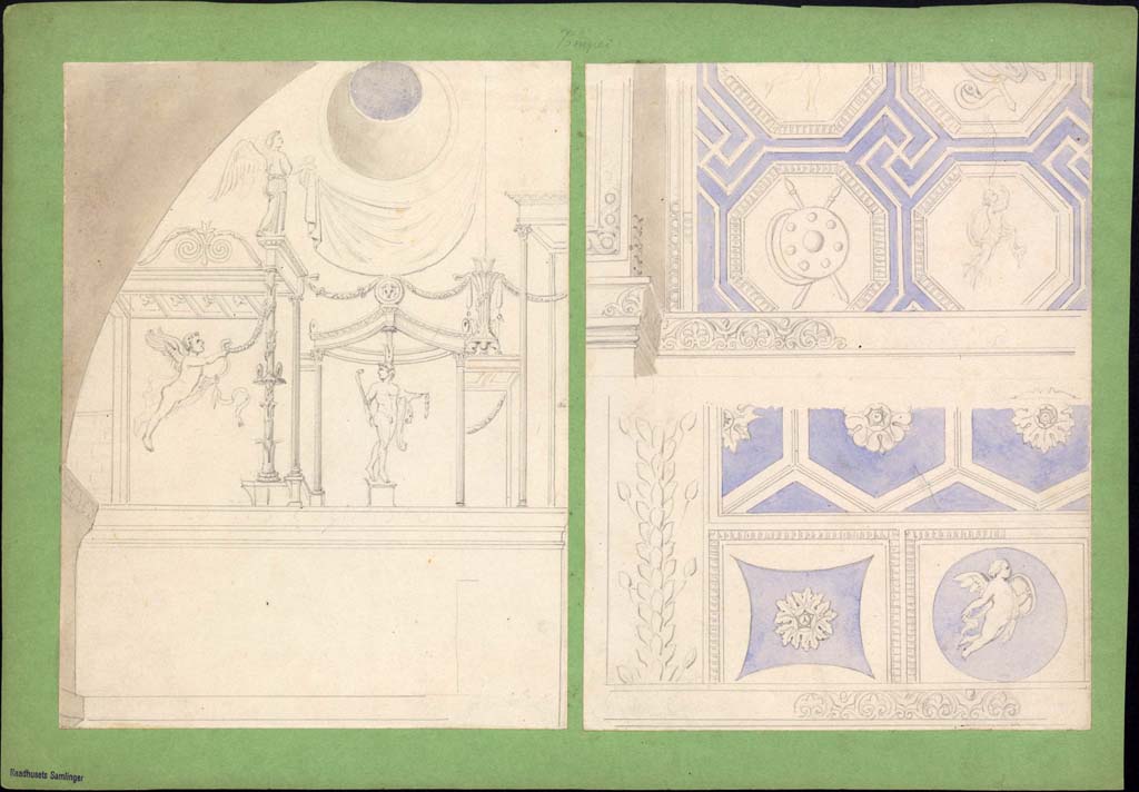 VII.1.8 Pompeii. Undated drawing by Vilhelm Dahlerup (1836-1907).
On the left, stucco plaster from west wall in men’s changing room 2. 
Seen, above on the right, details of stucco plaster from west end of south wall of men’s changing room 2.
Below, on the right, detail of stucco decoration from centre of south wall, above niches for belongings in men’s changing room 2.
Photo © Danmarks Kunstbibliotek inv no ark_19789d.