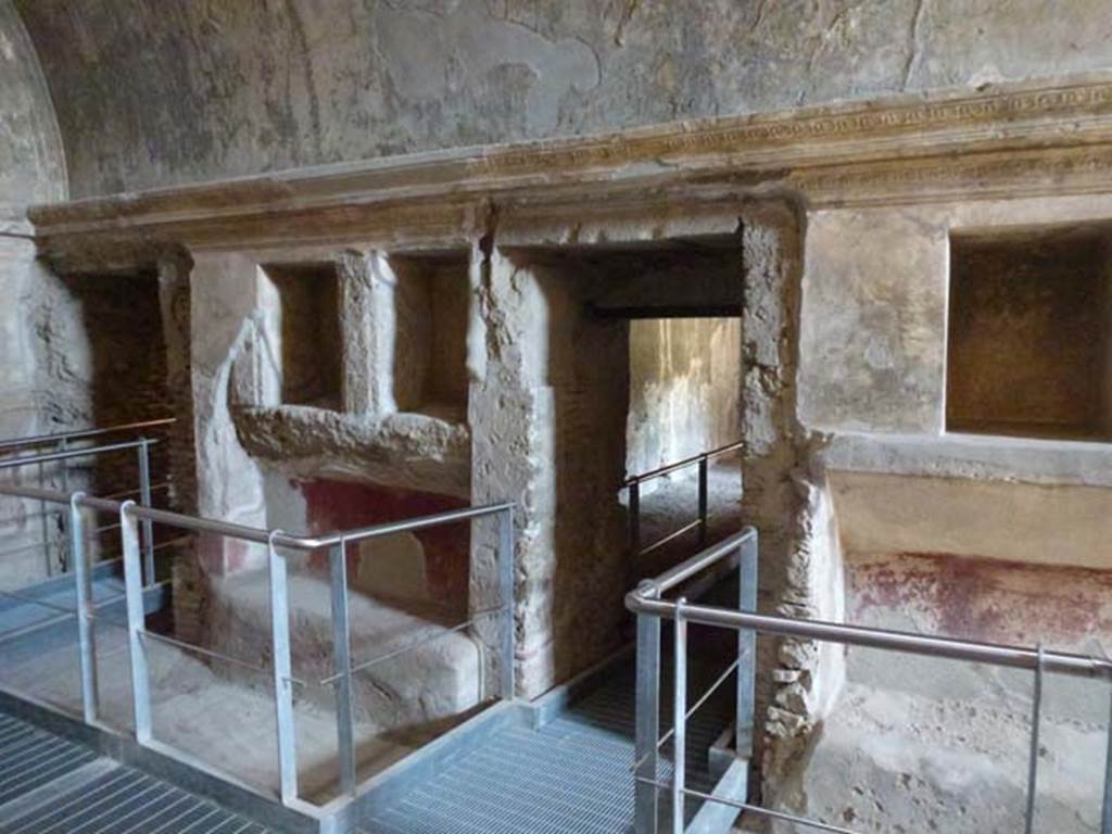 VII.1.8 Pompeii. June 2012. Doorways in south wall of changing room. The left hand doorway leads to tepidarium 10. The right hand doorway leads to anteroom 8. Photo courtesy of Michael Binns.