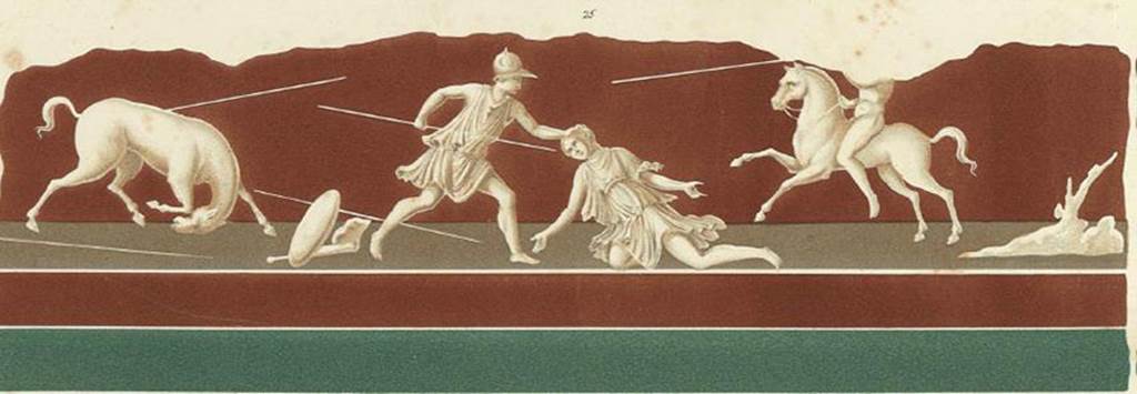 VII.1.25 Pompeii. Peristyle 31. Copy painting by Giuseppe Abbate, of a frieze (found in fragments) with amazons. 
This painting, described by Niccolini, as being the painting from the side of the door of the exedra 33, possibly Alcmaeon killing his mother Eriphyle, but see painting below. (Helbig 1250).
See Niccolini F, 1854. Le case ed i monumenti di Pompei: Volume Primo. Napoli. Strada Stabiana Casa No. 57, Tav. I.
