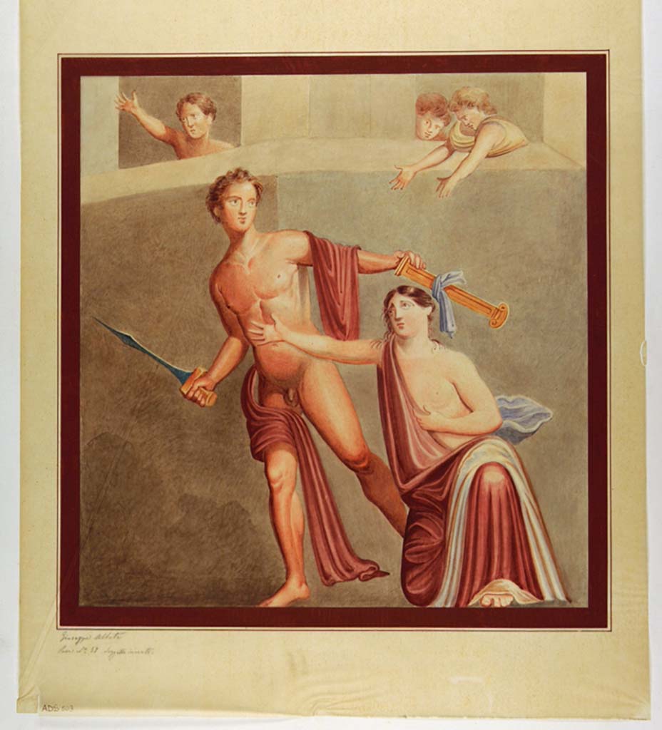 VII.1.25 Pompeii. Exedra 33, south wall. Copy painting by Giuseppe Abbate, described as Achilles on Skyros, but now thought to be Alcmaeon preparing to kill his mother Eriphyle. 
According to PPM, this painting was seen and found in Exedra 33.
See Carratelli, G. P., 1990-2003. Pompei: Pitture e Mosaici: Vol. VI. Roma: Istituto della enciclopedia italiana, p. 340-41.
Now in Naples Archaeological Museum. Inventory number ADS 503.
Photo © ICCD. http://www.catalogo.beniculturali.it
Utilizzabili alle condizioni della licenza Attribuzione - Non commerciale - Condividi allo stesso modo 2.5 Italia (CC BY-NC-SA 2.5 IT)
