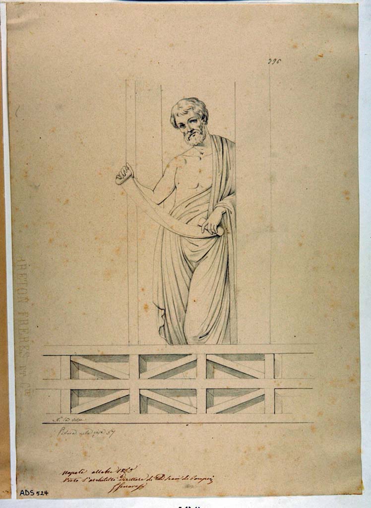VII.1.25 Pompeii. Exedra 33.  Drawing by Nicola La Volpe, October 1855, bearded poet holding an open scroll, seen in the architectural design. 
This figure is no longer traceable on the walls.
Now in Naples Archaeological Museum. Inventory number ADS 524.
Photo © ICCD. http://www.catalogo.beniculturali.it
Utilizzabili alle condizioni della licenza Attribuzione - Non commerciale - Condividi allo stesso modo 2.5 Italia (CC BY-NC-SA 2.5 IT)
