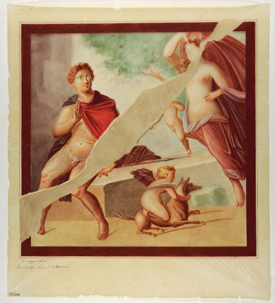 VII.1.25 Pompeii. Cubiculum 34. Painting by Giuseppe Abbate, of painting of Endymion and Selene. 
This painting was left in situ and has now faded and disappeared.
Now in Naples Archaeological Museum. Inventory number ADS 515.
Photo © ICCD. http://www.catalogo.beniculturali.it
Utilizzabili alle condizioni della licenza Attribuzione - Non commerciale - Condividi allo stesso modo 2.5 Italia (CC BY-NC-SA 2.5 IT)
See Helbig, W., 1868. Wandgemälde der vom Vesuv verschütteten Städte Campaniens. Leipzig: Breitkopf und Härtel, (957).

