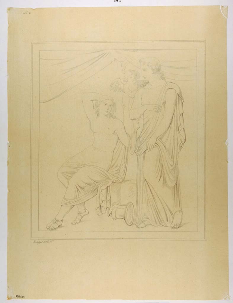 VII.1.25/47 Pompeii. Drawing by Giuseppe Abbate, of painting of a couple, from an unknown location in this house.
Now in Naples Archaeological Museum. Inventory number ADS 509.
Photo © ICCD. http://www.catalogo.beniculturali.it
Utilizzabili alle condizioni della licenza Attribuzione - Non commerciale - Condividi allo stesso modo 2.5 Italia (CC BY-NC-SA 2.5 IT)
