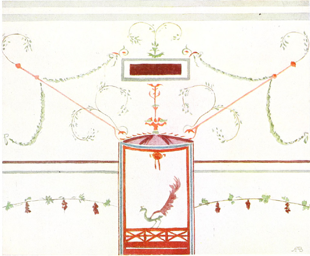 VII.1.25/47 Pompeii. Before 1911. Painting of part of a wall by the architect R. A. Briggs, found in the House of Siricus.
The height of the frieze is said to be one foot eight inches.
See Briggs R. A., 1911. Pompeian Decorations. London: Batsford, Plate: Two Friezes.
