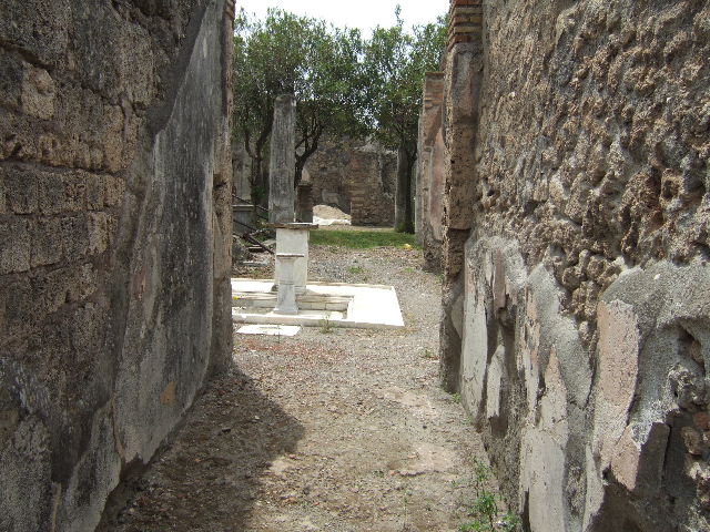VII.1.25 Pompeii. May 2006. Looking west through fauces 23 to atrium 24.
According to Breton, via a prothyrum paved in opus signinum patterned symmetrically with small white stones, we enter the Tuscan atrium; at the centre is a very pretty impluvium of marble at the top of which is a covered square cippus of marble with a lead pipe that poured water into a basin.
See Breton, Ernest. 1855. Pompeia, décrite et dessine: Seconde édition . Paris, Baudry, p. 316.
