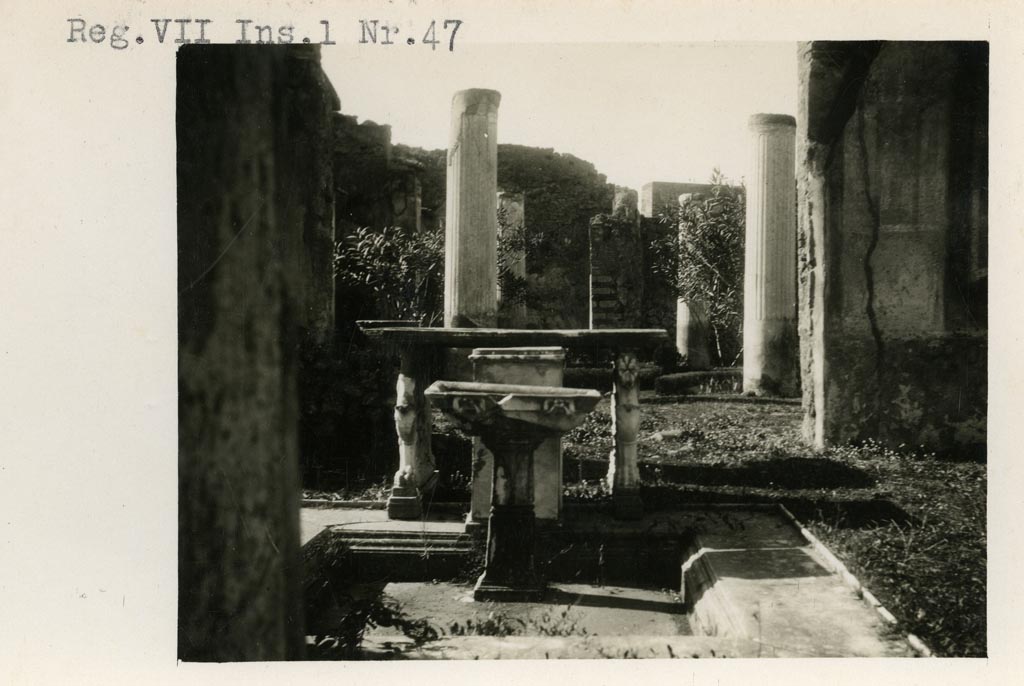 VII.1.25 Pompeii. Photograph by M. Amodio, from an album dated April 1878. 
Looking west across impluvium in atrium 24 towards doorway to peristyle 31. Photo courtesy of Rick Bauer.

