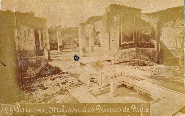 VII.1.25 Pompeii. Old undated 19th century photo. Looking north-west across atrium 24 through peristyle 31 to triclinium 32. 
The marble tables, 24 on the Niccolini plan, can be seen on the impluvium.
Photo courtesy of Drew Baker.


