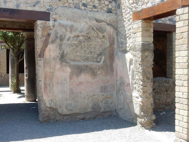 VII.1.25 Pompeii. May 2017. 
Remains of painted fourth style plaster (as can be seen in photo above this one) on west wall in north-west corner of atrium 24. 
Photo courtesy of Buzz Ferebee.

