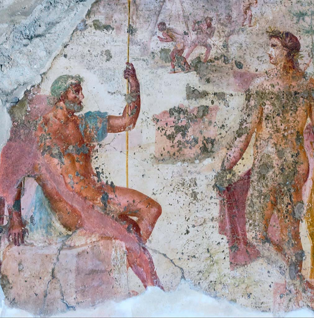 VII.1.47 Pompeii. 2019. Exedra 10, west wall, detail from fresco with Neptune and Apollo. Photo courtesy of Davide Peluso.