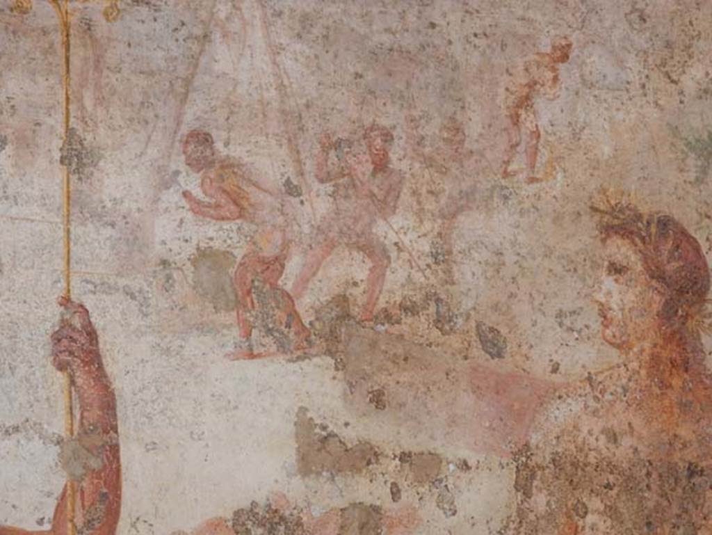VII.1.47 Pompeii, May 2018. Exedra 10, detail from central painting on west wall. Photo courtesy of Buzz Ferebee.