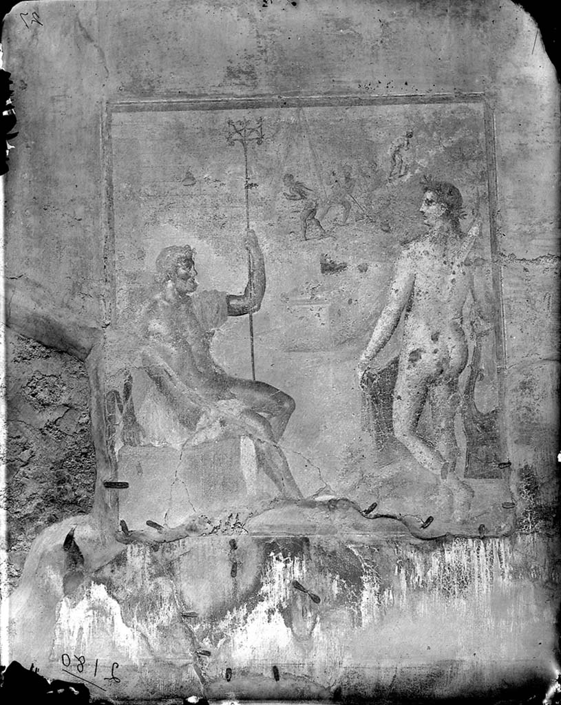 VII.1.47 Pompeii, c.1871. Exedra 10, central painting on west wall. 
Photo by J. H. Parker, © American Academy in Rome. Parker.2180.Italia.
