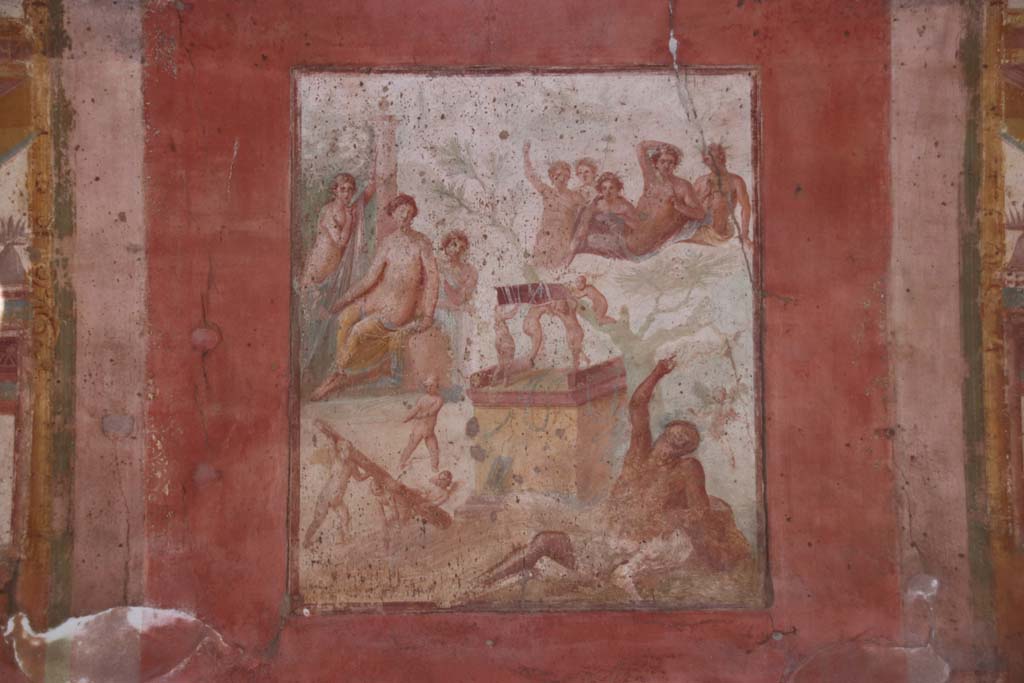 VII.1.47 Pompeii, May 2018. Exedra 10, detail from central painting on north wall. Photo courtesy of Buzz Ferebee