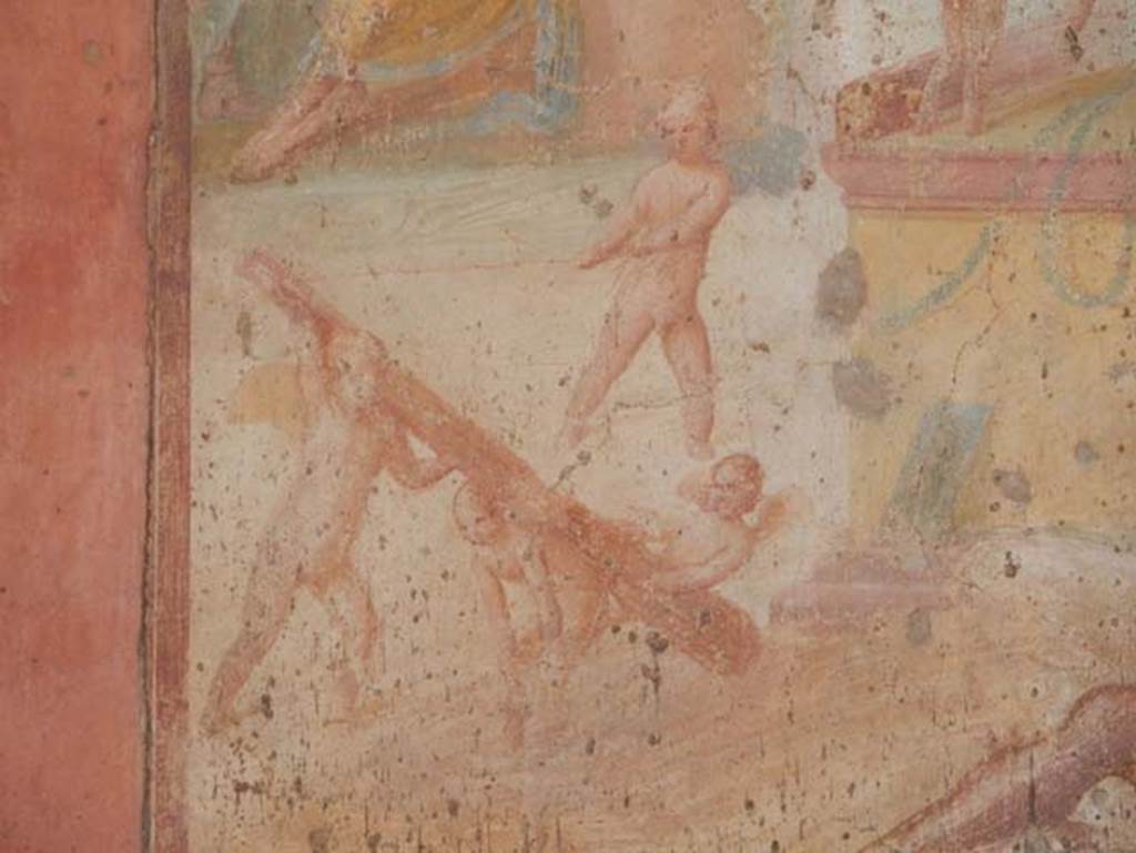 VII.1.47 Pompeii. 1886 copy of paintings on north wall of exedra 10.
See D’Amelio, P, 1886. Dipinti murali scelte di Pompei. Naples: Richter, Tav. XV.
See Carratelli, G. P., 1990-2003. Pompei: Pitture e Mosaici: Vol. VI.  Roma: Istituto della enciclopedia italiana, p. 255. 
