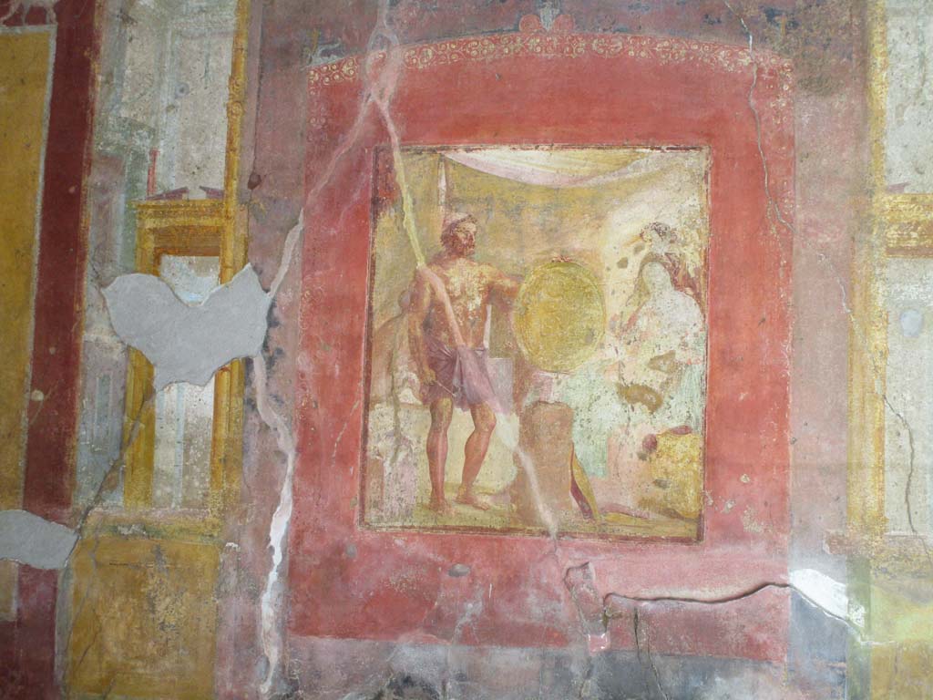 VII.1.47, Pompeii. December 2018. 
Exedra 10, east wall, painting of Thetis at the forge of Hephaestus receiving the shield for Achilles. Photo courtesy of Aude Durand.
