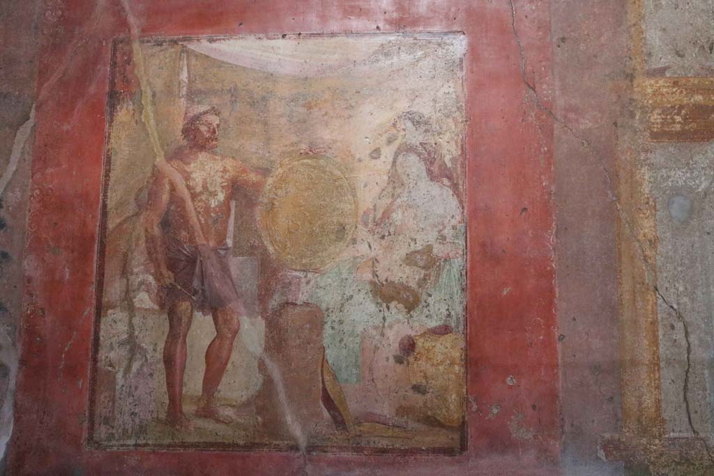 VII.1.47, Pompeii. December 2018. 
Exedra 10, east wall, painting of Thetis at the forge of Hephaestus receiving the shield for Achilles. Photo courtesy of Aude Durand.
