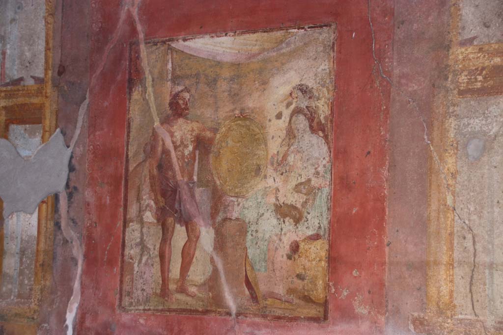 VII.1.47 Pompeii, May 2018. Exedra 10, central painting on east wall. Photo courtesy of Buzz Ferebee.

 
