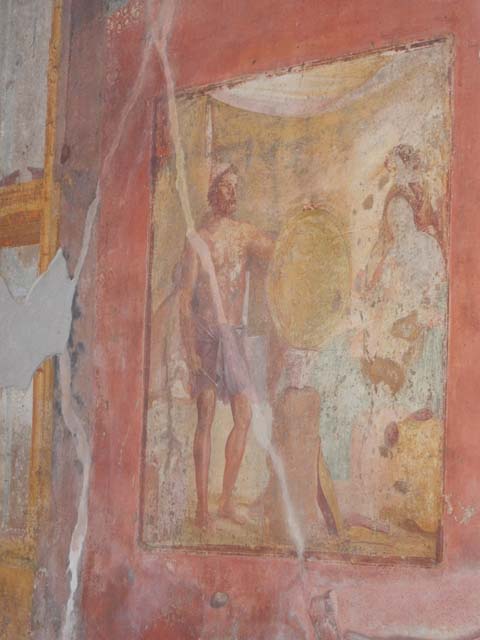 VII.1.47 Pompeii. September 2017. Exedra 10, central painting on east wall.
Photo courtesy of Klaus Heese.

