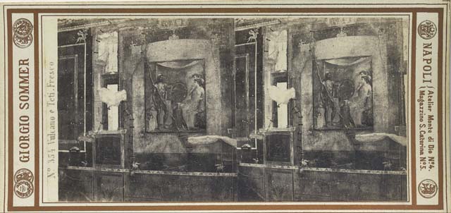 VII.1.47 Pompeii. Old photo c.1900. Exedra 10 in north-west corner of atrium, east wall.
Wall painting of Thetis at the forge of Hephaestus receiving the shield and arms for Achilles. 

