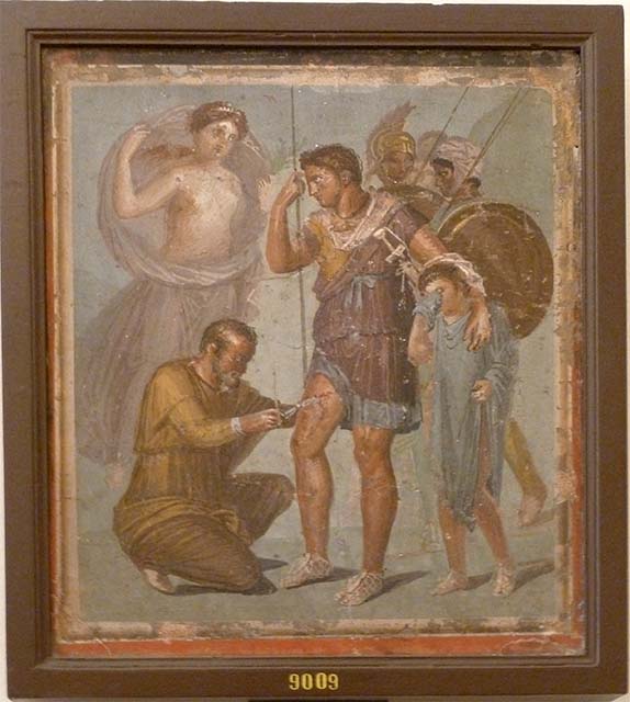 VII.1.47 Pompeii. May 2010. Found in triclinium on north-east side of atrium. Wall painting of the Wounded Aeneas. An injured Aeneas is treated by the surgeon Lapix. Aphrodite rushes to help her son, who leans on the young Ascanius. Now in Naples Archaeological Museum.  Inventory number 9009.
