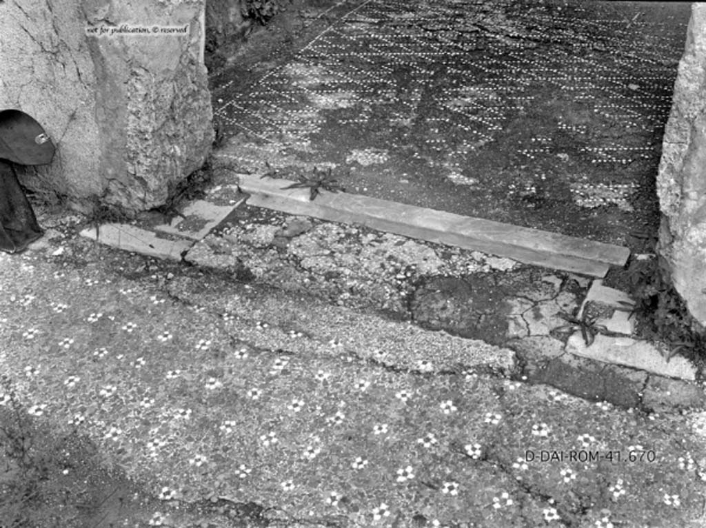VII.2.16 Pompeii. c.1930. Doorway to room 5, from east portico.
DAIR 41.670. Photo  Deutsches Archologisches Institut, Abteilung Rom, Arkiv.
See Pernice, E.  1938. Pavimente und Figrliche Mosaiken: Die Hellenistische Kunst in Pompeji, Band VI. Berlin: de Gruyter, (described as cubiculum r, 
see tav. 26,5, above.)
