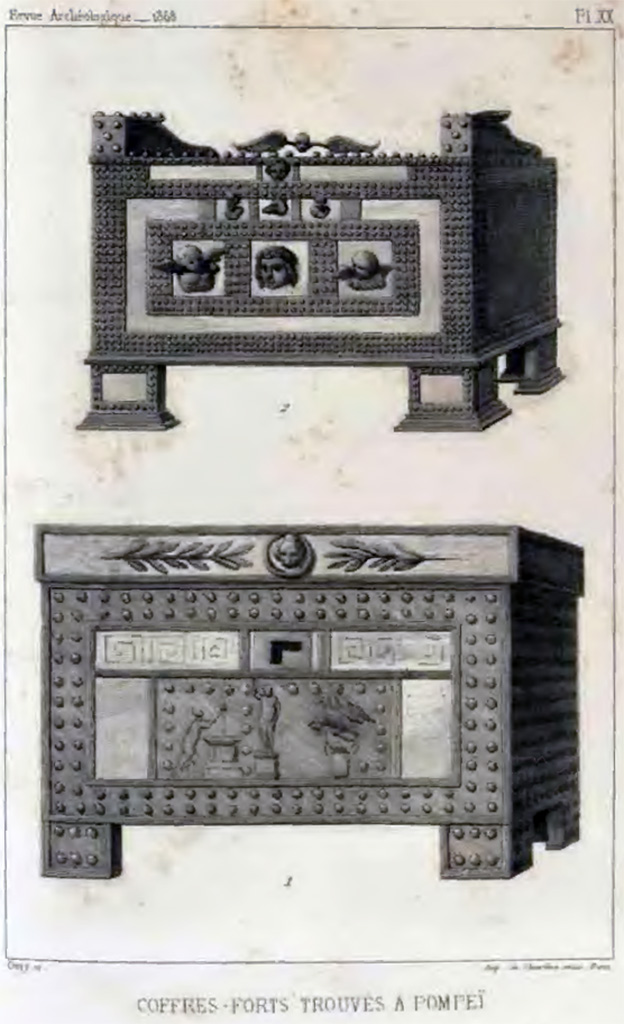 VII.2.18 Pompeii. Drawing of two cash-chests found at Pompeii, and now in Naples Archaeological Museum.
According to de Longpérier –
“The top cash-chest was from VII.2.18 and found in the atrium on 22nd May 1867. 
The lower cash-chest was found 29th May 1864 in the atrium of VII.7.5.”
See H. de Longpérier, Recherches sur les insignes de la questure et sur les récipients monétaires, RA n.s.18. Paris 1868, 58–72, p. 171, Pl. XX.
See https://archive.org/details/in.gov.ignca.25639/page/n5/mode/2up 
