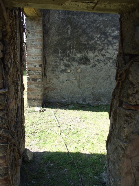 VII.2.20 Pompeii. March 2009. Small doorway in west wall of corridor, leading to room 11, triclinium. (Please note the graffiti was already there, done by some senseless moron, nothing to do with our family!!)
