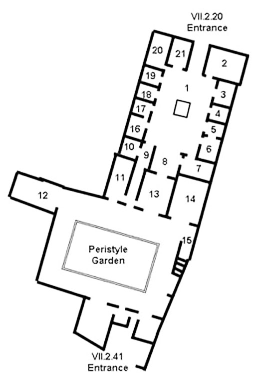 VII.2.20 Pompeii. Casa di N. Popidius Priscus or Casa dei Marmi
Room Plan