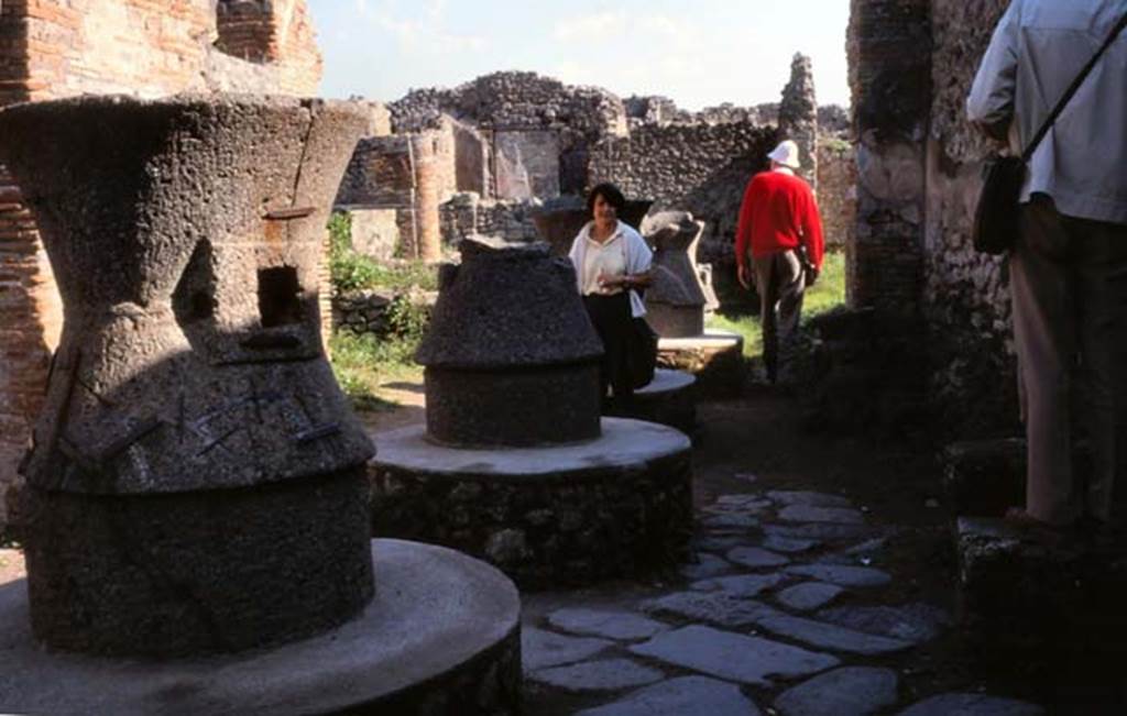 VII.2.22 Pompeii. February 1988. Looking east along mills in bakery. 
Photo by Joachime Méric courtesy of Jean-Jacques Méric.
