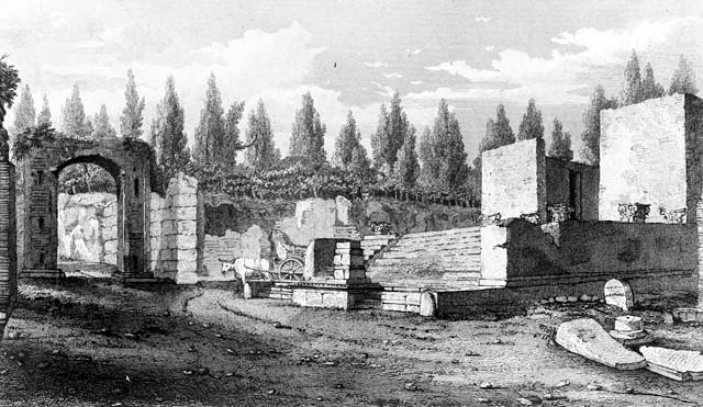 VII.4.1 Pompeii. Watercolour by Luigi Bazzani, looking north-east towards Temple of Fortuna Augusta on Via del Foro.