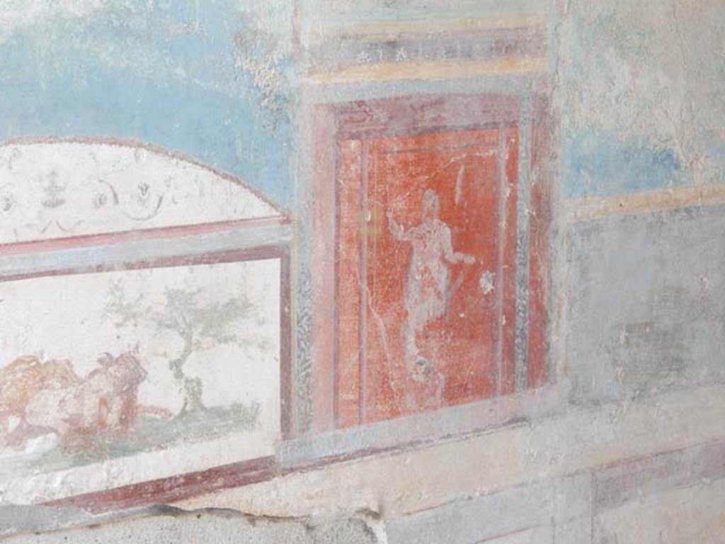 VII.4.48 Pompeii. May 2015. Room 11, detail from east wall of tablinum.
Photo courtesy of Buzz Ferebee.

