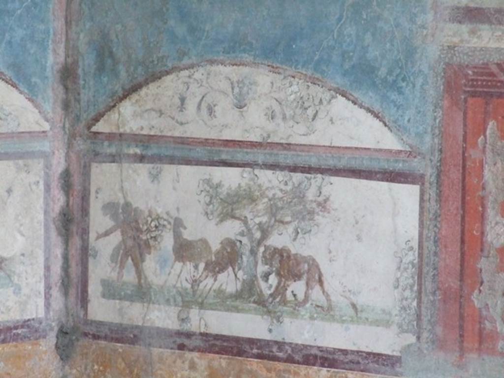 VII.4.48 Pompeii. May 2015. Room 11,  upper west wall at north end. 
Photo courtesy of Buzz Ferebee.

