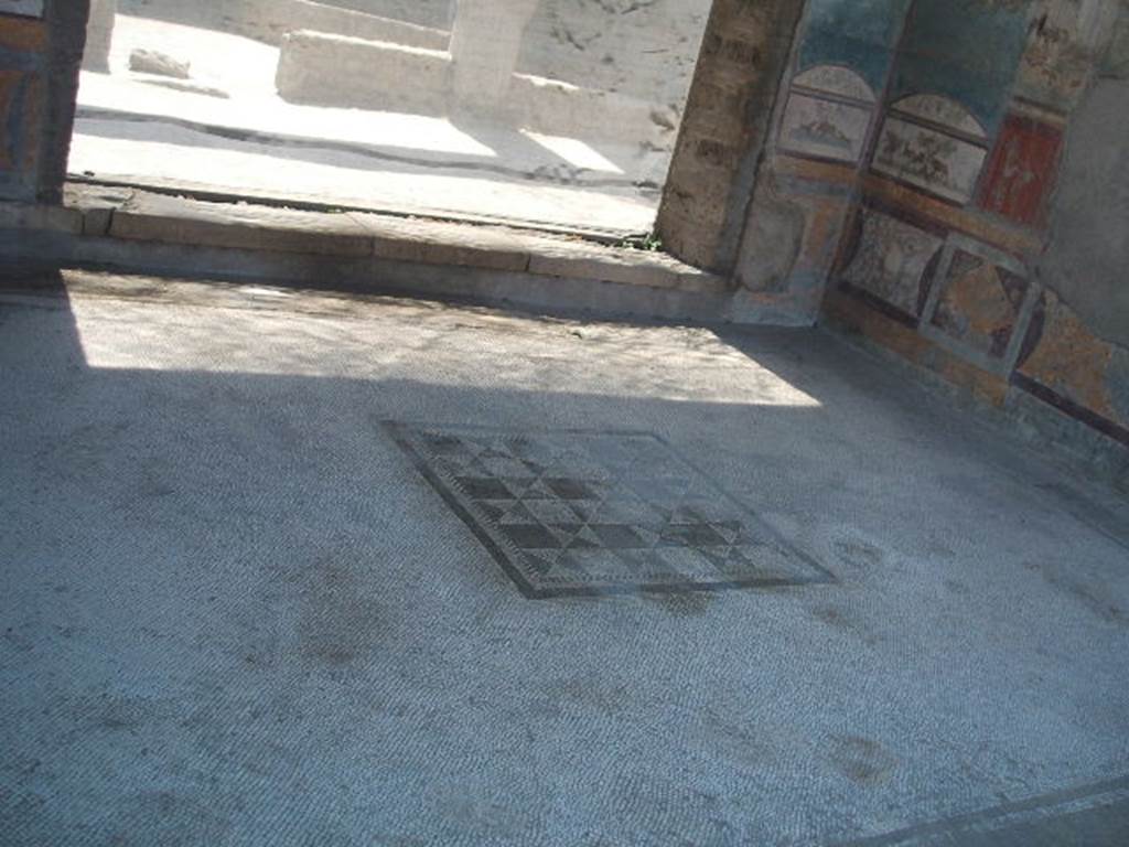 VII.4.48 Pompeii. May 2015. Room 11, detail of “wear and tear” of mosaic floor in tablinum. Photo courtesy of Buzz Ferebee.
