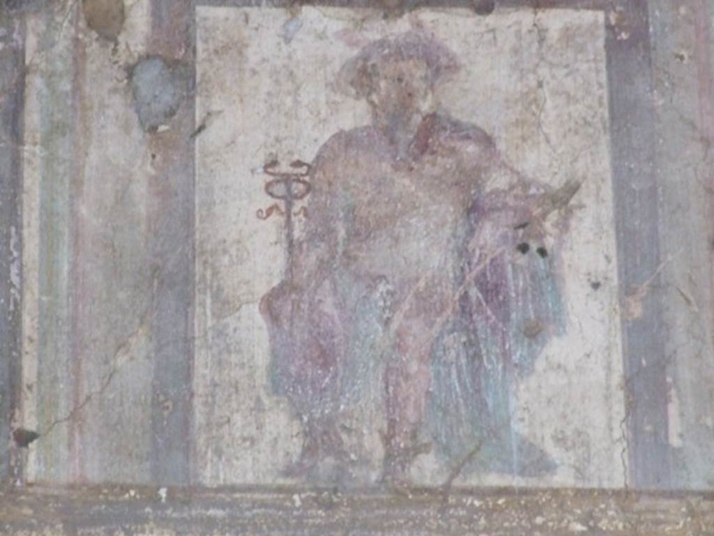 VII.4.48 Pompeii. December 2007. Room 13, ala.   Detail of wall painting on upper west wall, Mercurius with caduceus, hat and winged sandals.
