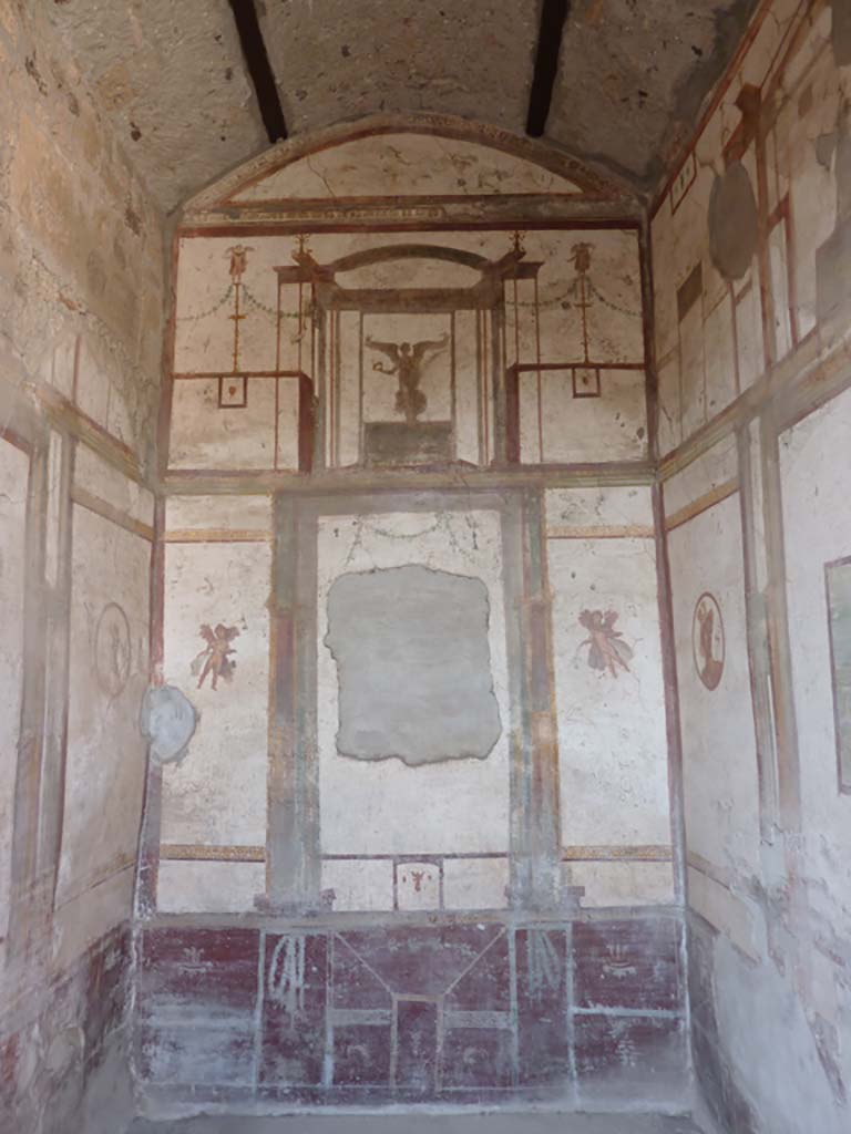 VII.4.48 Pompeii. c.1840. Room 14, looking towards west wall of cubiculum, painted by James William Wild.
(Note: the central painting here shows Leda and the Swan, which is from the south wall). 
Photo © Victoria and Albert Museum, inventory number E.3979-1938.
