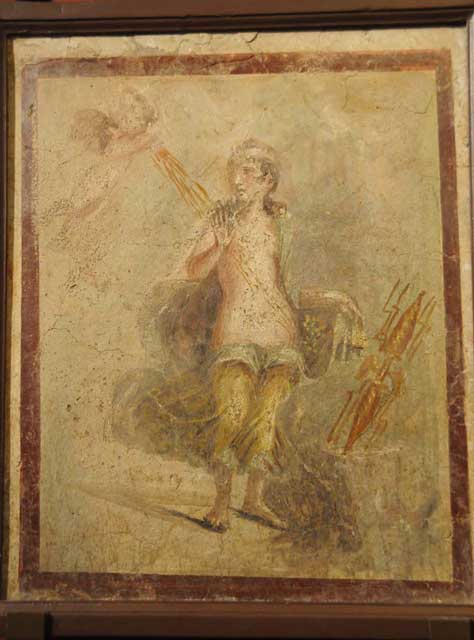 VII.4.48 Pompeii. May 2015. Room 14, flying cupid from north end of west wall of cubiculum. Photo courtesy of Buzz Ferebee.
