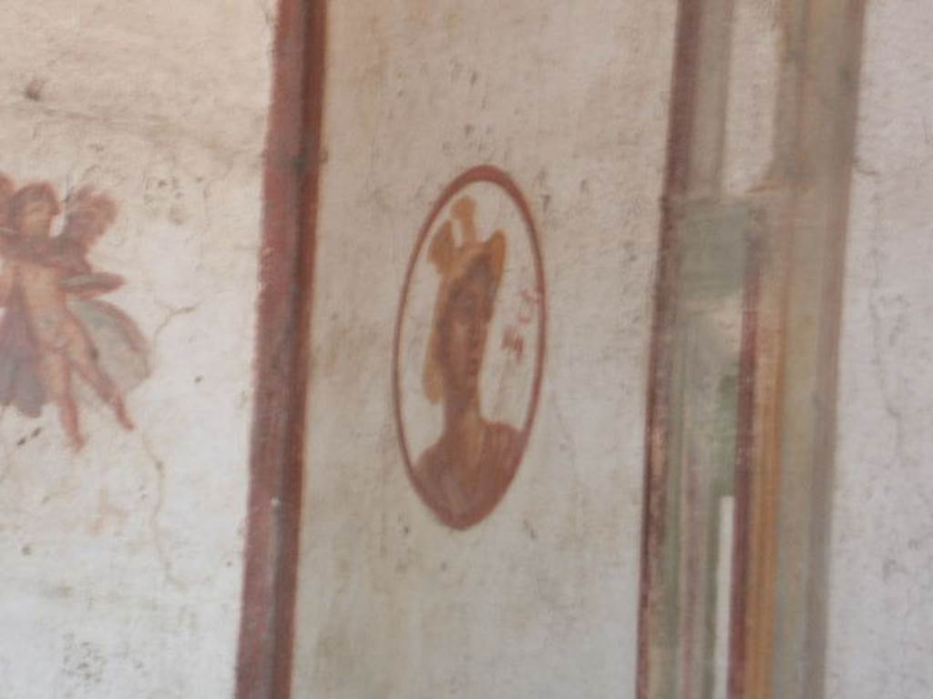 VII.4.48 Pompeii. December 2007. Room 14, cubiculum. North wall. 
Detail of wall painting of Aphrodite fishing, or Venus Pescatrice.  

